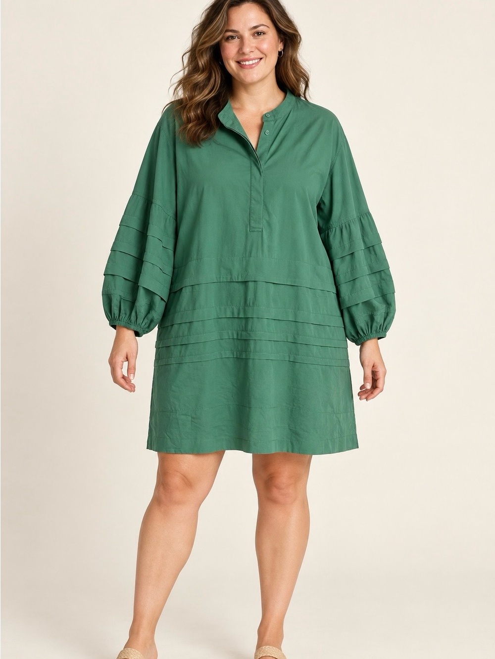 Tuckernuck Pomander Place Green Pleated Balloon Sleeve Shift Dress Large